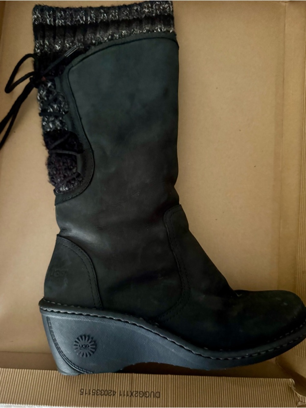 UGG Black Leather Wedge Boot with Knit Cuff